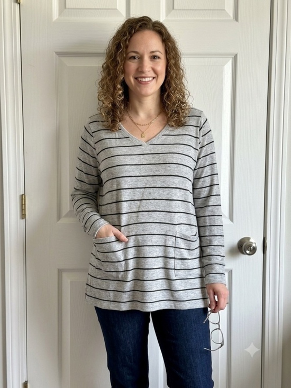 J. Jill Petites Large Gray Cotton Knit Striped Long Sleeve T-Shirt Tunic Top LP